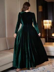 Reflora Plus Size Women's Solid Color Patchwork Sequin Pleated Design Long Sleeve Elegant Dress - Green - View 3