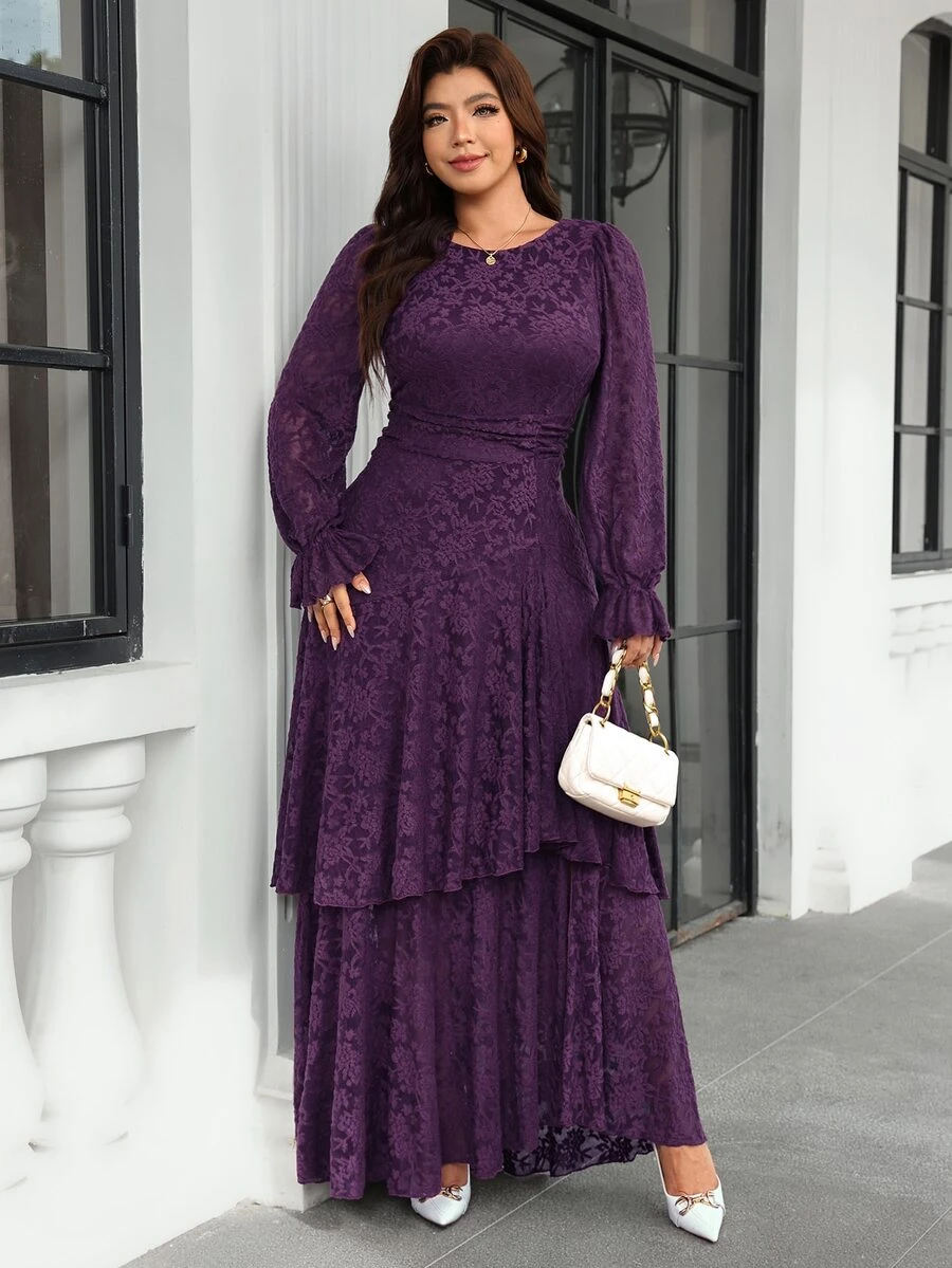 Reflora Plus Size Women's Printed Ruffle Wave Hem High Elastic Cinched Waist Long Dress, Autumn, Pleated, Floral Fall Wedding Dinner Formal Purple Celestial