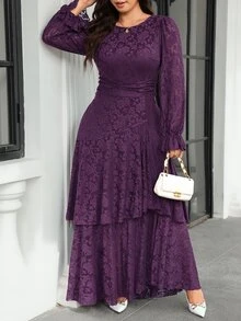 Reflora Plus Size Women's Printed Ruffle Wave Hem High Elastic Cinched Waist Long Dress, Autumn, Pleated, Floral Fall Wedding Dinner Formal Purple Celestial - Purple - View 4