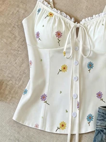 Plus Size Women's Casual Printed Back Shirred Versatile Slimming Ruffle Gathered Camisole Tank Top - Multicolor - View 6