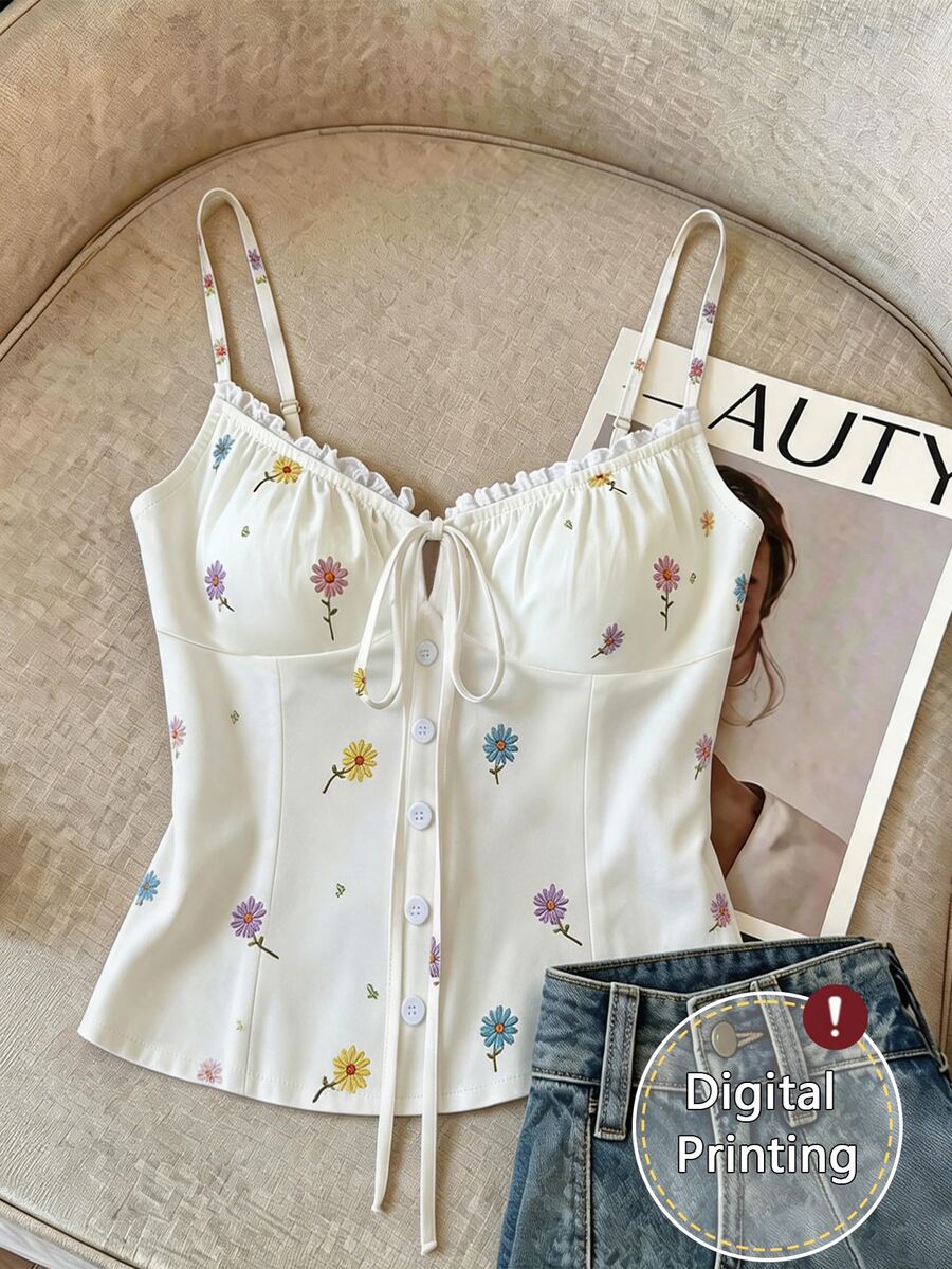 Plus Size Women's Casual Printed Back Shirred Versatile Slimming Ruffle Gathered Camisole Tank Top - Multicolor - View 1