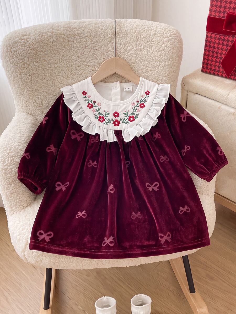 SHEIN 1件女嬰幼兒女童天鵝絨公主洋裝 酒紅色花卉荷葉邊蝴蝶結長袖圓領毛絨款 假日秋冬芭蕾復古風 - 酒紅色 - 查看 1
