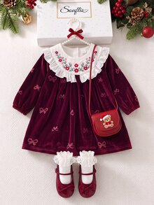 SHEIN 1件女嬰幼兒女童天鵝絨公主洋裝 酒紅色花卉荷葉邊蝴蝶結長袖圓領毛絨款 假日秋冬芭蕾復古風 - 酒紅色 - 查看 5