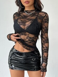 EgrlEra Contrast Lace Trimmed Slim Fit Long Sleeve Top Y2K Fall Top For Women - Black - View 3