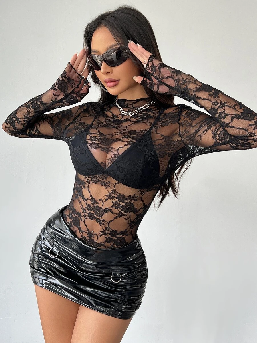 EgrlEra Contrast Lace Trimmed Slim Fit Long Sleeve Top Y2K Fall Top For Women - Black - View 1
