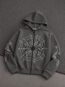 Mainfolk Hoodie Pria Ukuran Besar dengan Motif Jaring Laba-laba dan Resleting Tanpa Kaos, Cocok untuk Musim Gugur, Musim Dingin, Lengan Panjang, Liburan, Hadiah Hari Ayah, Sepak Bola, Musim Semi, Y2K - Dark Grey - View 2