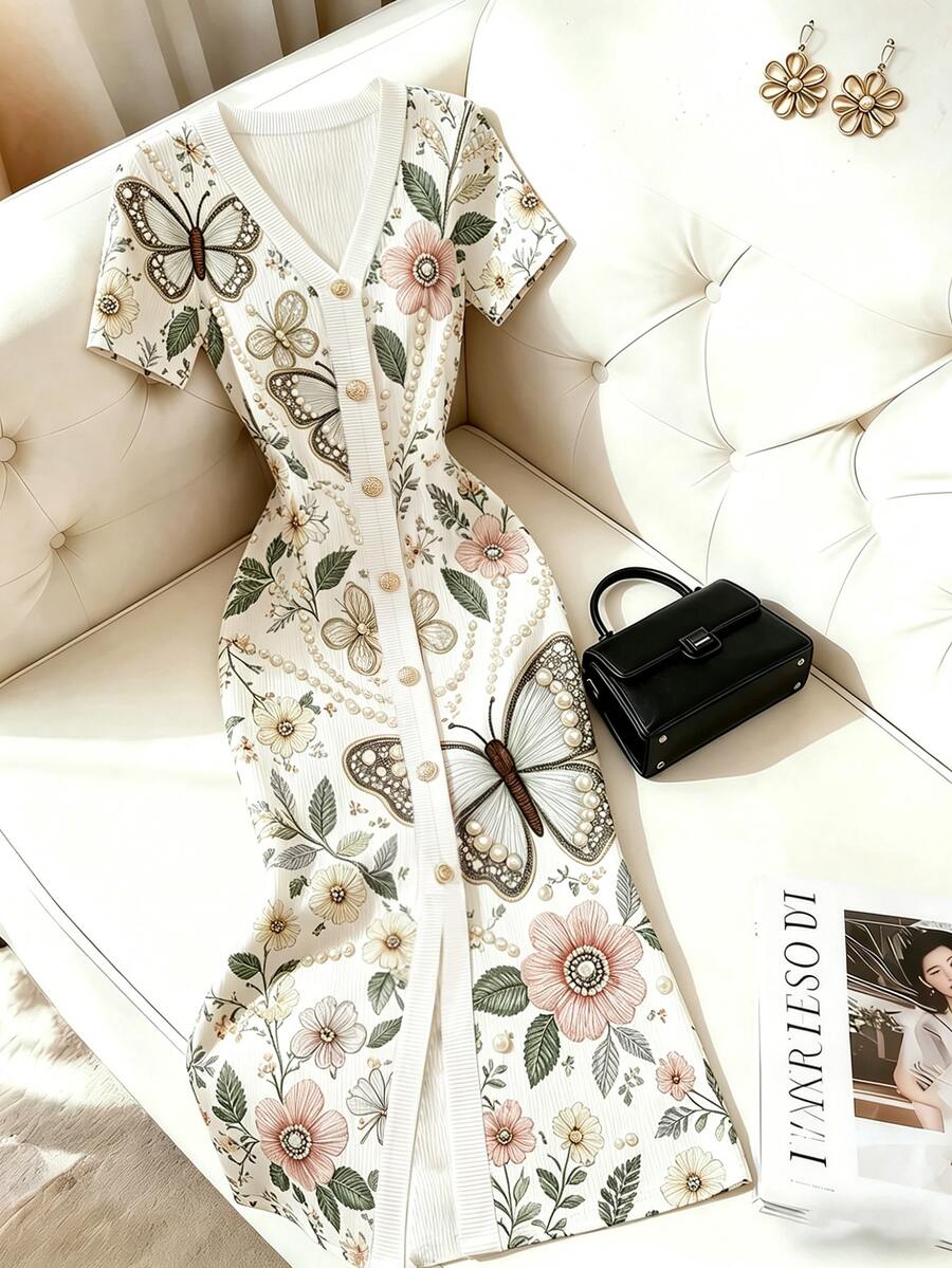 Franclia [印花設計] 女款夏季法式優雅蝴蝶與花卉圖案V領短袖修身洋裝 - 彩色 - 查看 1