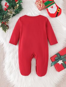 Cozy Pixies 新生兒嬰兒休閒聖誕老人3D毛絨圖案聖誕紅舒適刺繡長袖長褲連身居家服，適合秋冬 - 紅色 - 查看 2