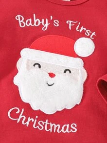 Cozy Pixies 新生兒嬰兒休閒聖誕老人3D毛絨圖案聖誕紅舒適刺繡長袖長褲連身居家服，適合秋冬 - 紅色 - 查看 4