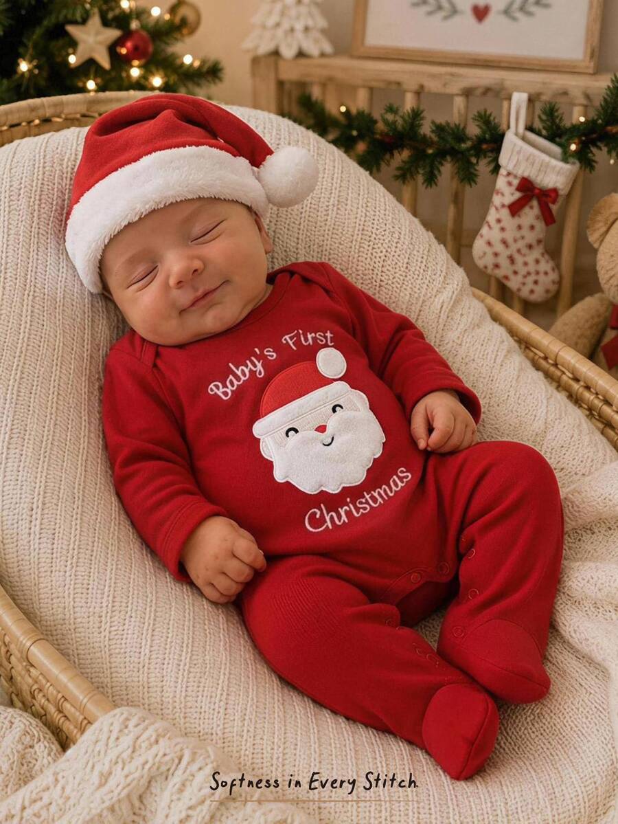 Cozy Pixies 新生兒嬰兒休閒聖誕老人3D毛絨圖案聖誕紅舒適刺繡長袖長褲連身居家服,適合秋冬 - 紅色 - 查看 1