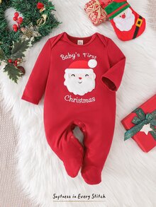 Cozy Pixies 新生兒嬰兒休閒聖誕老人3D毛絨圖案聖誕紅舒適刺繡長袖長褲連身居家服，適合秋冬 - 紅色 - 查看 10