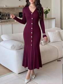 Feyla New French Design V-Neck Elegant Waist-Cinched Slimming Daily Versatile Commute Dress - Burgundy - View 2