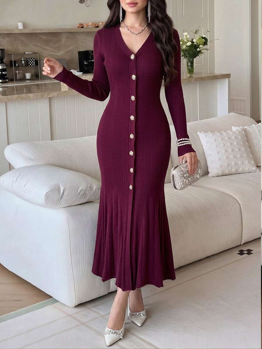 Feyla New French Design V-Neck Elegant Waist-Cinched Slimming Daily Versatile Commute Dress