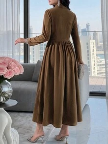 Feyla Women's Solid Color Lapel Neck Long Sleeve Button Design Elegant Midi Dress - Brown - View 5