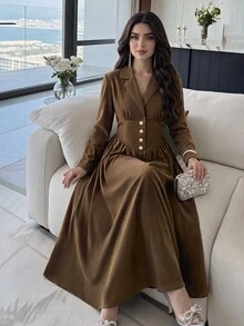 Feyla Women's Solid Color Lapel Neck Long Sleeve Button Design Elegant Midi Dress - Brown - View 2