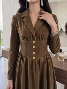 Feyla Women's Solid Color Lapel Neck Long Sleeve Button Design Elegant Midi Dress - Brown - View 3
