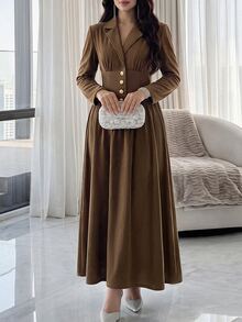 Feyla Women's Solid Color Lapel Neck Long Sleeve Button Design Elegant Midi Dress - Brown - View 4