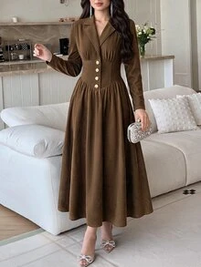 Feyla Women's Solid Color Lapel Neck Long Sleeve Button Design Elegant Midi Dress - Brown - View 1