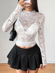 EgrlEra Women's Lace Elastic Peony Floral Sheer Sexy Top (Random Cut) - White - View 5