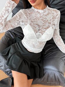 EgrlEra Women's Lace Elastic Peony Floral Sheer Sexy Top (Random Cut) - White - View 6