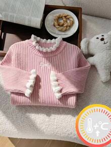 SHEIN Vintaside Kids Fashionable Versatile Cute Bowknot Young Girl Pullover Crew Neck Sweater - Pink - View 8