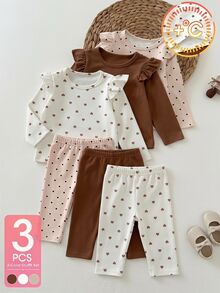 SHEIN Playful Pals 3件組幼兒女嬰上衣襯衫，可愛甜美棕色白色粉色波點愛心荷葉邊長袖圓領常規款，適合派對、戶外、秋季假期與日常穿著 - 杏色 - 查看 2