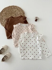 SHEIN Playful Pals 3件組幼兒女嬰上衣襯衫，可愛甜美棕色白色粉色波點愛心荷葉邊長袖圓領常規款，適合派對、戶外、秋季假期與日常穿著 - 杏色 - 查看 9