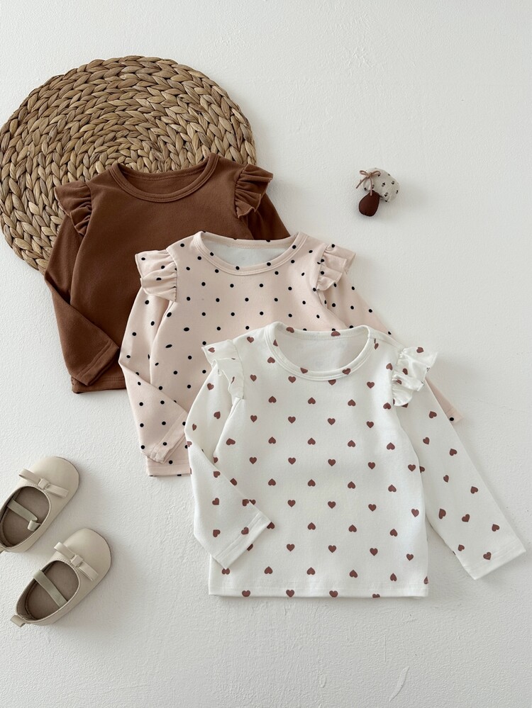 SHEIN Playful Pals 3pcs Toddler Baby Girls Tops Shirts Cute Sweet Brown White Pink Polka Dot Heart Ruffle Long Sleeve Round Neck Regular Party Outdoor Fall Holiday Daily - Apricot - View 9