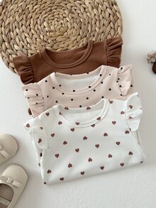 SHEIN Playful Pals 3件組幼兒女嬰上衣襯衫，可愛甜美棕色白色粉色波點愛心荷葉邊長袖圓領常規款，適合派對、戶外、秋季假期與日常穿著 - 杏色 - 查看 5