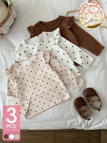 SHEIN Playful Pals 3件組幼兒女嬰上衣襯衫，可愛甜美棕色白色粉色波點愛心荷葉邊長袖圓領常規款，適合派對、戶外、秋季假期與日常穿著 - 杏色 - 查看 10