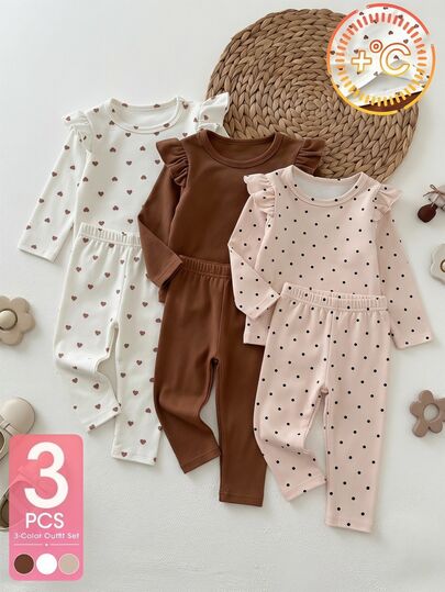 SHEIN Playful Pals 3pcs Toddler Baby Girls Tops Shirts Cute Sweet Brown White Pink Polka Dot Heart Ruffle Long Sleeve Round Neck Regular Party Outdoor Fall Holiday Daily