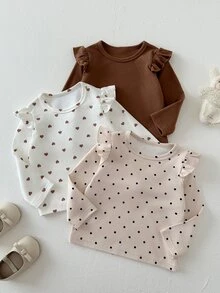 SHEIN Playful Pals 3件組幼兒女嬰上衣襯衫，可愛甜美棕色白色粉色波點愛心荷葉邊長袖圓領常規款，適合派對、戶外、秋季假期與日常穿著 - 杏色 - 查看 8