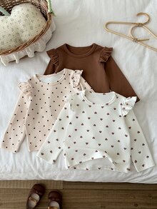 SHEIN Playful Pals 3件組幼兒女嬰上衣襯衫，可愛甜美棕色白色粉色波點愛心荷葉邊長袖圓領常規款，適合派對、戶外、秋季假期與日常穿著 - 杏色 - 查看 7
