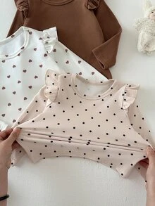 SHEIN Playful Pals 3件組幼兒女嬰上衣襯衫，可愛甜美棕色白色粉色波點愛心荷葉邊長袖圓領常規款，適合派對、戶外、秋季假期與日常穿著 - 杏色 - 查看 3