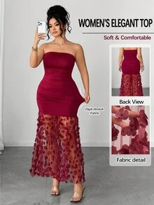 Elenzga Plus Size Women Elegant Luxury Floral Contrast Color Mesh Ruffle Waist Strapless Solid Color Sexy Evening Dress, Suitable For Dating, Dinner, Party, Commuting And Other Occasions - Burgundy - View 1