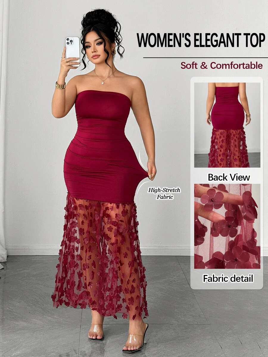 Elenzga Plus Size Women Elegant Luxury Floral Contrast Color Mesh Ruffle Waist Strapless Solid Color Sexy Evening Dress, Suitable For Dating, Dinner, Party, Commuting And Other Occasions - Burgundy - View 1