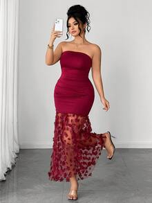 Elenzga Plus Size Women Elegant Luxury Floral Contrast Color Mesh Ruffle Waist Strapless Solid Color Sexy Evening Dress, Suitable For Dating, Dinner, Party, Commuting And Other Occasions - Burgundy - View 5