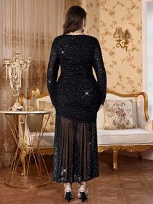 Reflora Plus Size Women's Sequin Mesh Ruched Long Sleeve Elegant Sexy Dress Autumn Halloween Cocktail Party Black And White - Black - View 3