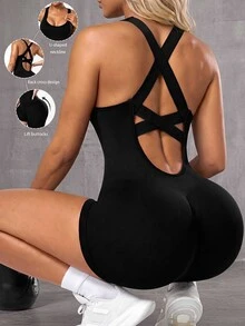 SHEIN Sports 女士无缝黑色瑜伽连体裤，交叉肩带设计 - 黑色 - 查看 5
