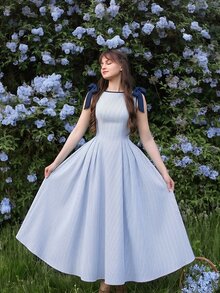 Vintamour Vintage Tropical Elegant Women's Dress With Pockets, Striped Contrast Trim Bow Decor, Casual Holiday Vacation Going Out Light Blue And White Summer - Blue and White - View 4