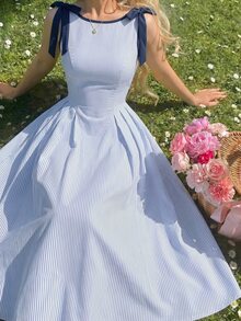 Vintamour Vintage Tropical Elegant Women's Dress With Pockets, Striped Contrast Trim Bow Decor, Casual Holiday Vacation Going Out Light Blue And White Summer - Blue and White - View 3