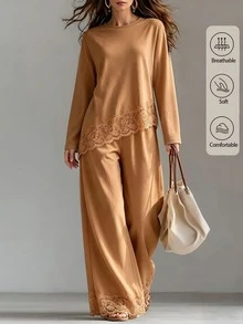 SHEIN LUNE طقم نسائي من قطعتين كاجوال للاستخدام اليومي، ملابس علوية بأكمام طويلة مع تطريز دانتيل وبنطال - كاكي - مشاهدة 1