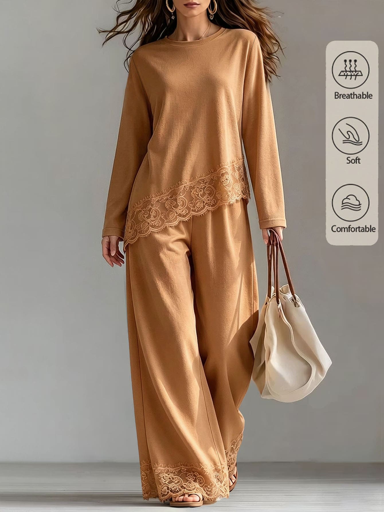SHEIN LUNE طقم نسائي من قطعتين كاجوال للاستخدام اليومي، ملابس علوية بأكمام طويلة مع تطريز دانتيل وبنطال - كاكي - مشاهدة 1