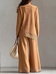 SHEIN LUNE طقم نسائي من قطعتين كاجوال للاستخدام اليومي، ملابس علوية بأكمام طويلة مع تطريز دانتيل وبنطال - كاكي - مشاهدة 2