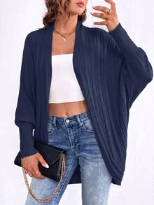 SHEIN Essnce 大码女装秋季新款时尚商务休闲女装外出上衣返校节秋季女装休闲通勤拉绒面料休闲纯色黑色宽松无扣开衫，蝙蝠开衫，超宽松开衫女式开衫 - 藏蓝色 - 查看 7