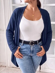 SHEIN Essnce 大码女装秋季新款时尚商务休闲女装外出上衣返校节秋季女装休闲通勤拉绒面料休闲纯色黑色宽松无扣开衫，蝙蝠开衫，超宽松开衫女式开衫 - 藏蓝色 - 查看 3