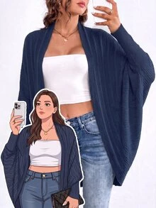 SHEIN Essnce 大码女装秋季新款时尚商务休闲女装外出上衣返校节秋季女装休闲通勤拉绒面料休闲纯色黑色宽松无扣开衫，蝙蝠开衫，超宽松开衫女式开衫 - 藏蓝色 - 查看 1