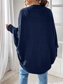 SHEIN Essnce 大码女装秋季新款时尚商务休闲女装外出上衣返校节秋季女装休闲通勤拉绒面料休闲纯色黑色宽松无扣开衫，蝙蝠开衫，超宽松开衫女式开衫 - 藏蓝色 - 查看 2