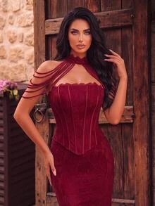 Glamrae Elegant Romantic Burgundy French Lace Corset Waist Drawstring Bodycon Mermaid Hemline With Detachable Tassel Halter Neck, Suitable For Weddings, Balls, Events, Banquets, Cocktail Parties And Other Formal Evening Occasions For Women - Burgundy - View 7
