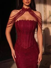 Glamrae Elegant Romantic Burgundy French Lace Corset Waist Drawstring Bodycon Mermaid Hemline With Detachable Tassel Halter Neck, Suitable For Weddings, Balls, Events, Banquets, Cocktail Parties And Other Formal Evening Occasions For Women - Burgundy - View 1